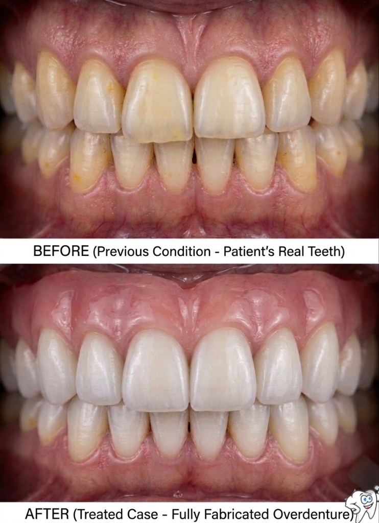 Before and after full-arch overdenture treatment at Flex Dental