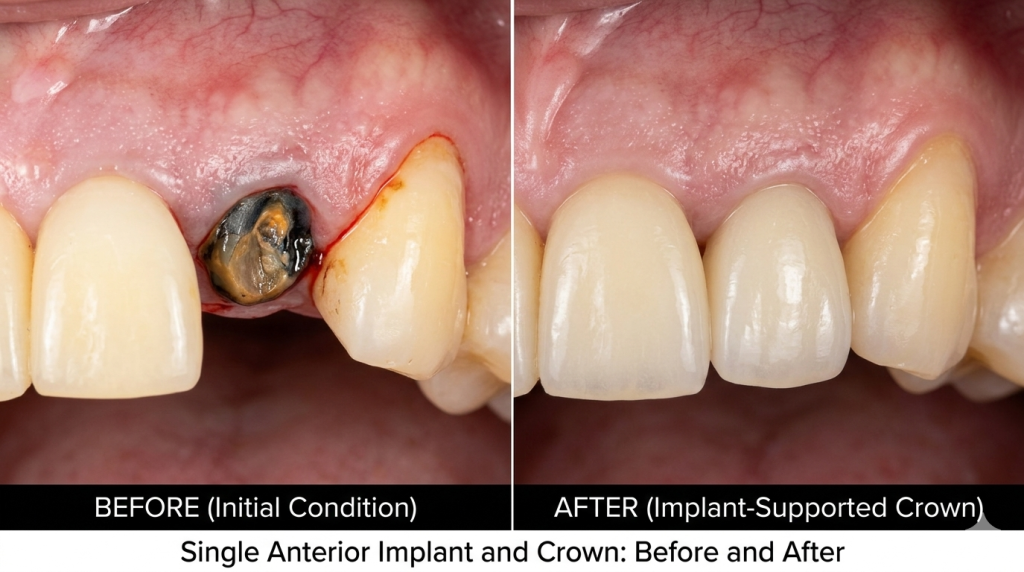 Before and after single anterior dental implant and crown