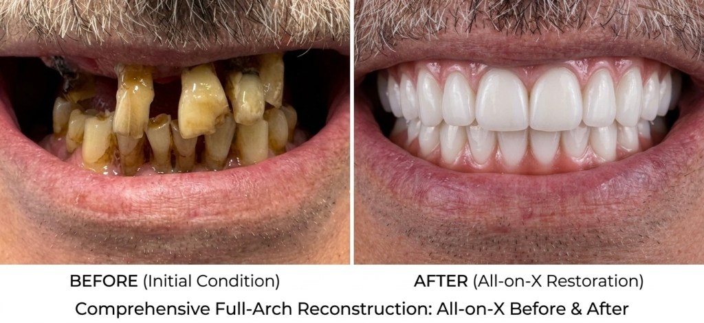 Before and after comprehensive All-on-X full-arch reconstruction