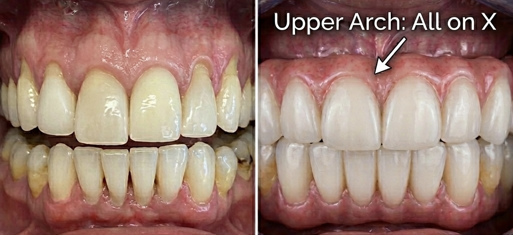 Before and after upper-arch All-on-X dental implant restoration