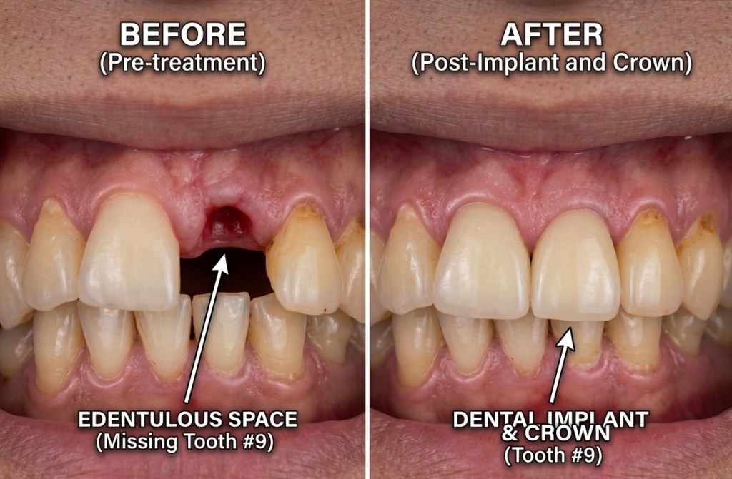 Before and after front-tooth dental implant and crown for missing tooth number 9