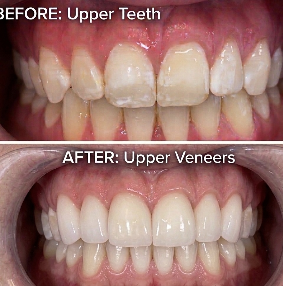 Before and after upper porcelain veneers