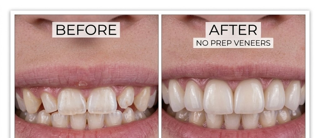 Before and after no-prep veneers on upper teeth
