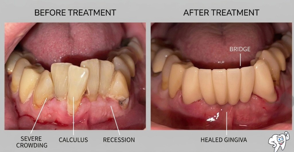 Before and after lower dental bridge restoration with healed gingival tissue