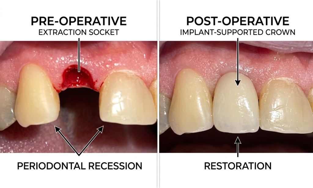 Before extraction socket and after implant-supported front crown