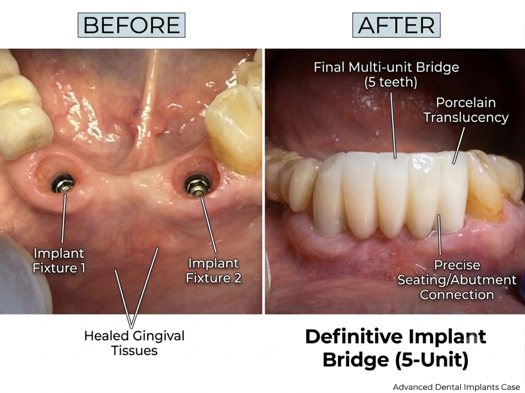 Before and after five-unit implant-supported dental bridge