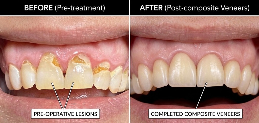 Before damaged upper front teeth and after completed composite veneers