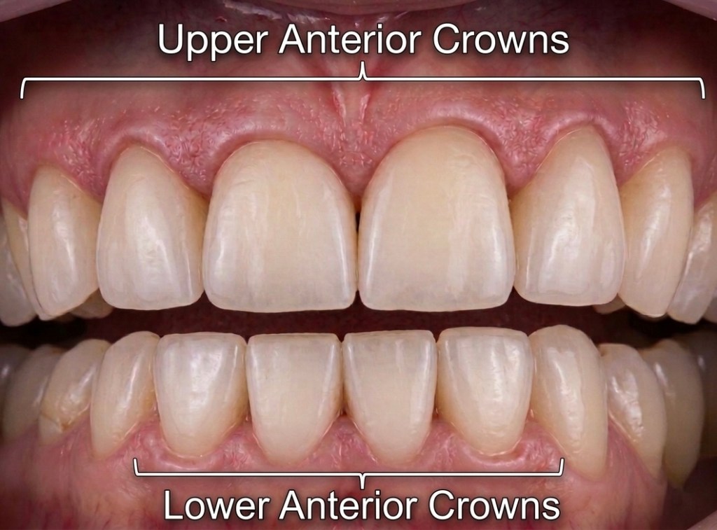 Upper anterior and lower anterior dental crowns